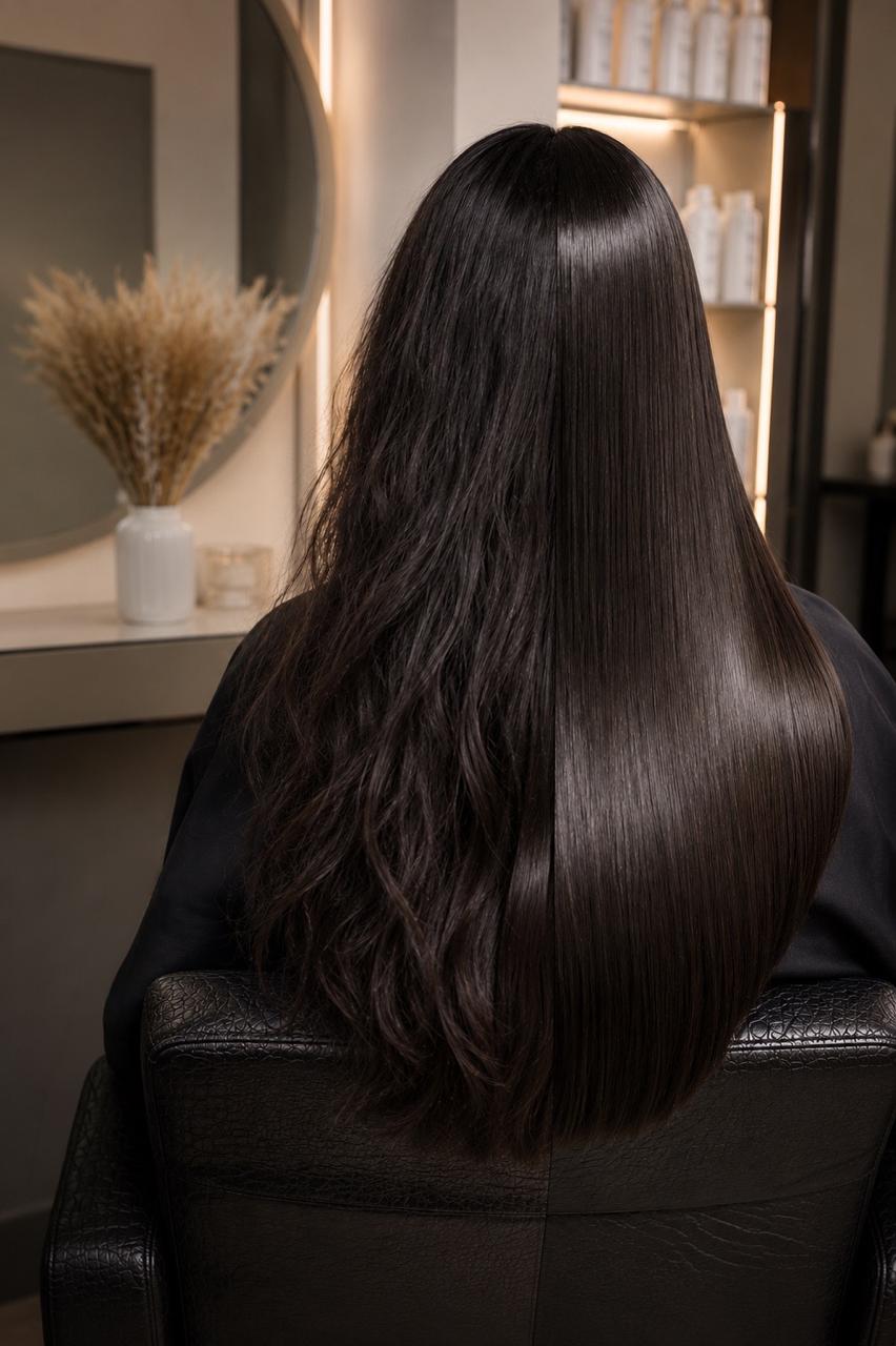 Langes glattes schwarzes Haar nach Keratin- und Hairbotox-Behandlung bei Truth Mannheim
